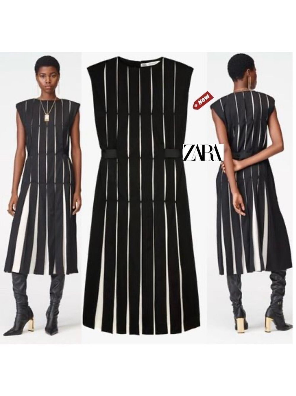 ZARA BLACK WHITE WOOL BLEND BOX PLEAT DRESS SPECIAL LIMITED EDITION Sz M NWT